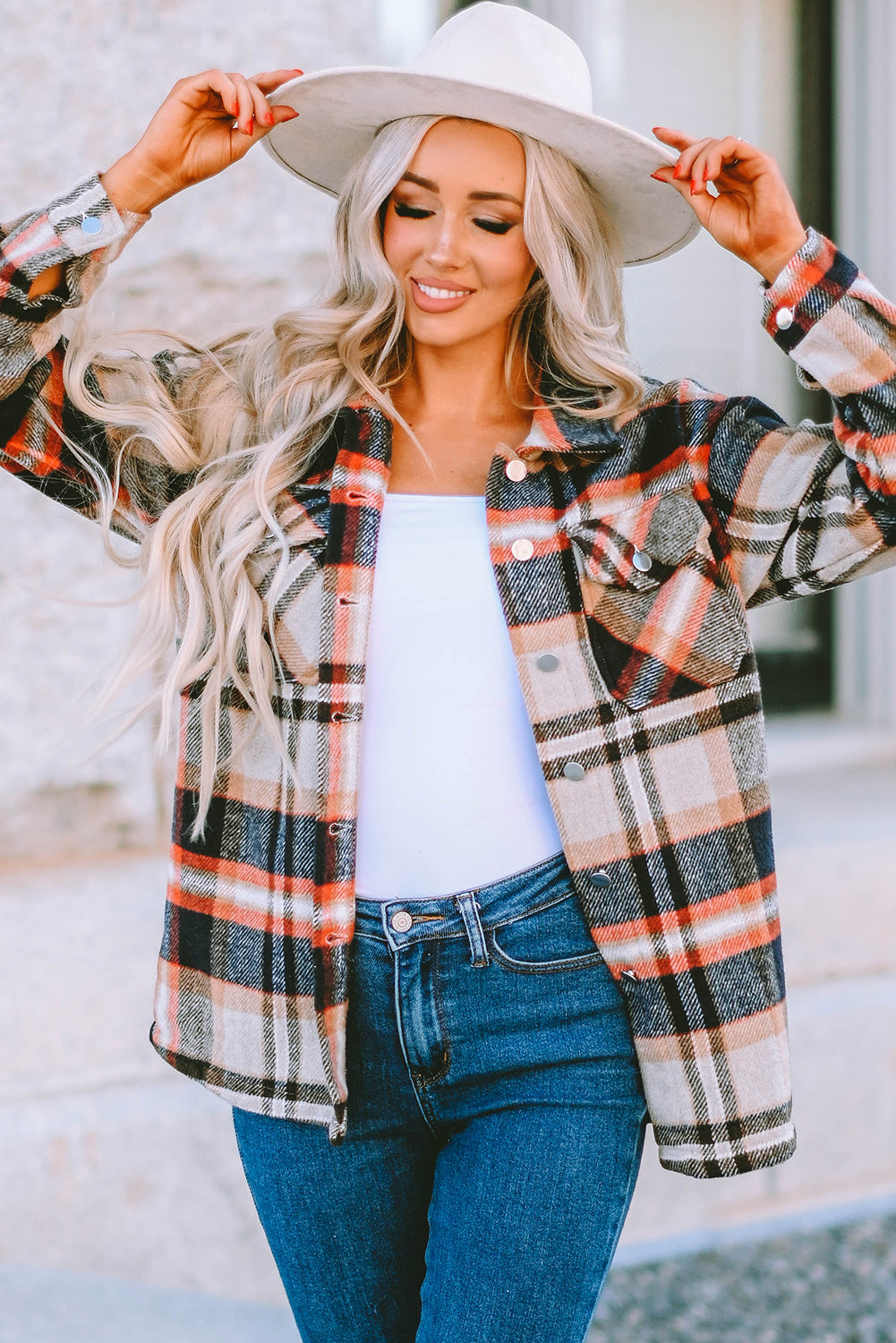 Khaki Geometric Plaid Print Pocketed Shacket Plaid Shackets JT's Designer Fashion