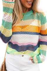 Green Colorblock Patchwork Knit Crochet Eyelet Sweater Sweaters JT's Designer Fashion