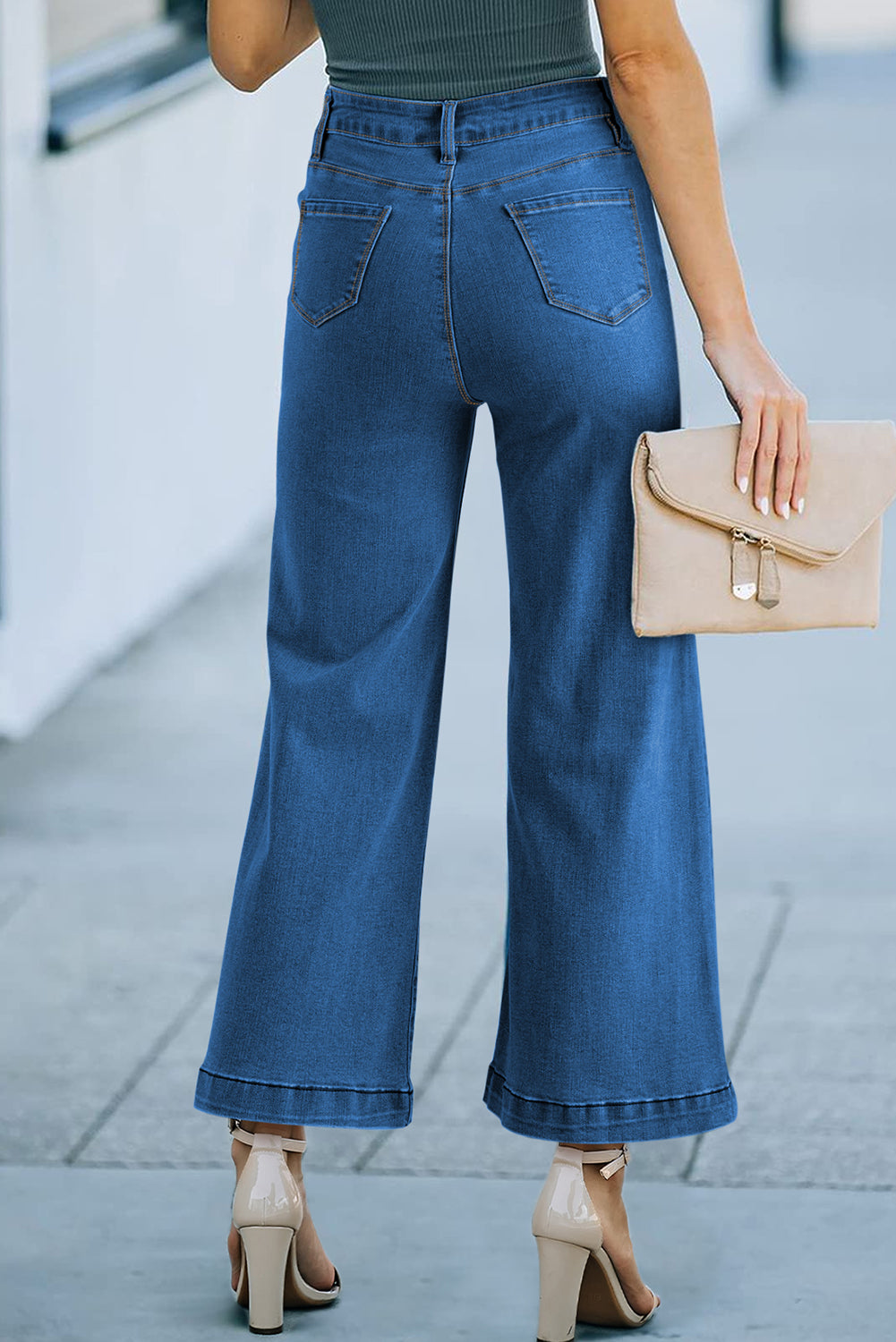Dark Blue Plain Seam Detail Flared Bottom Ankle Length Jeans Jeans JT's Designer Fashion