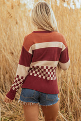 Brown Checkered Color Block Knitted Drop Shoulder Sweater Sweaters JT's Designer Fashion