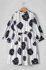 Black Plus Size Floral 3/4 Puff Sleeve Lace-up Neck Mini Dress Plus Size Mini Dresses JT's Designer Fashion