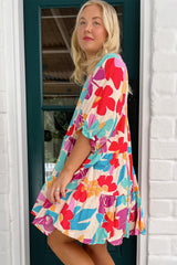 Rose Red Floral Bubble Sleeve V Neck Tiered Ruffle Babydoll Dress Floral Dresses JT's Designer Fashion