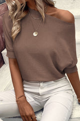 Coffee Round Neck Half Sleeve Ribbed Knit Top Sweaters & Cardigans JT's Designer Fashion