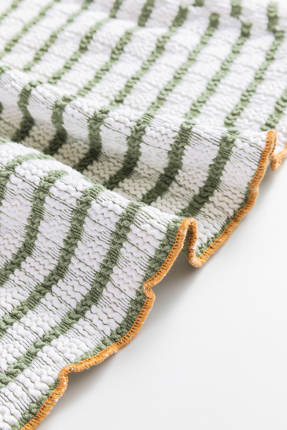 Green Stripe Textured Frilly Trim Buttons Henley Long Sleeve Top Long Sleeve Tops JT's Designer Fashion