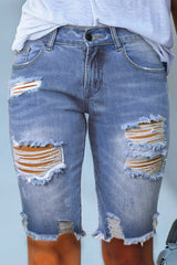 Sky Blue Ripped Tassel Bermuda Denim Shorts Denim Shorts JT's Designer Fashion