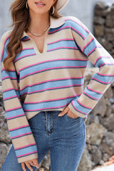 Apricot Stripe Collared V Neck Drop Shoulder Loose Sweater Sweaters JT's Designer Fashion