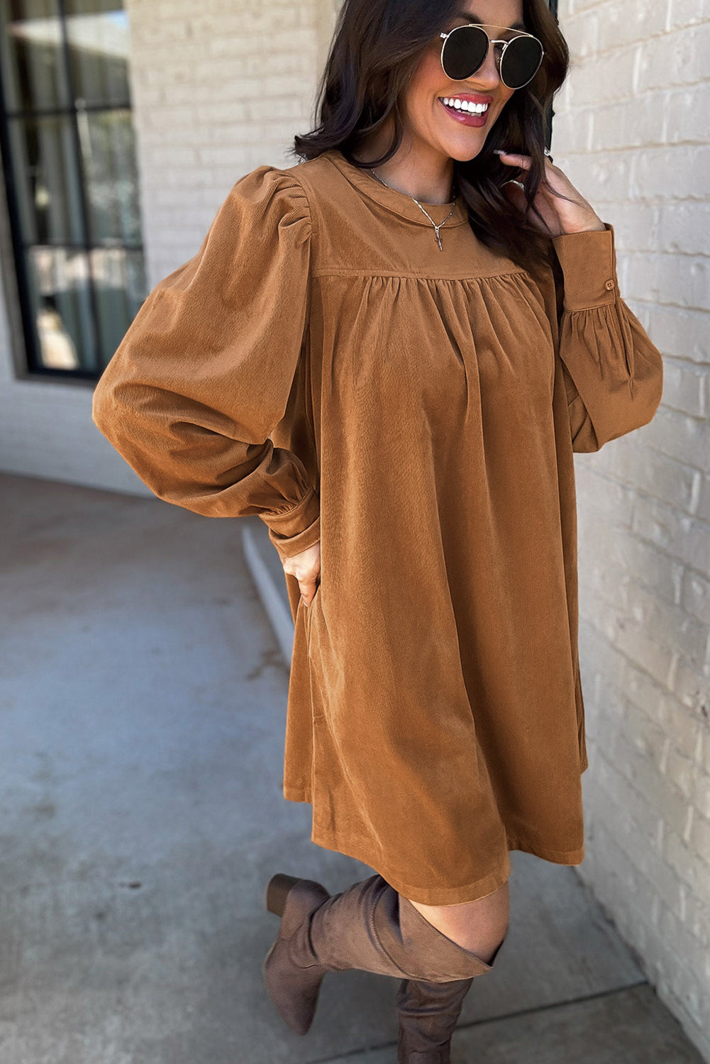 Desert Gold Corduroy Pleated Puff Sleeve Shift Short Dress Mini Dresses JT's Designer Fashion