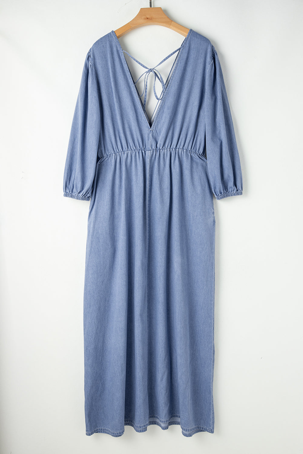 Myosotis Chambray Deep V Neck Bracelet Sleeve Long Dress Maxi Dresses JT's Designer Fashion