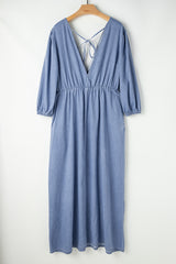 Myosotis Chambray Deep V Neck Bracelet Sleeve Long Dress Maxi Dresses JT's Designer Fashion