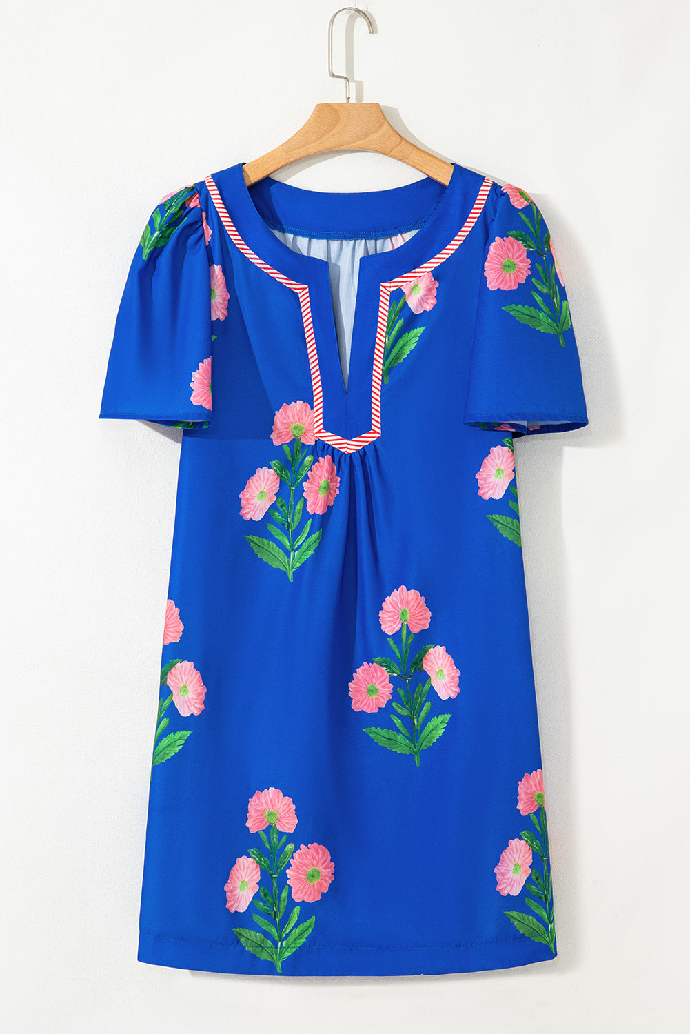 Blue Floral Short Sleeve Split Neck Loose Mini Dress Floral Dresses JT's Designer Fashion