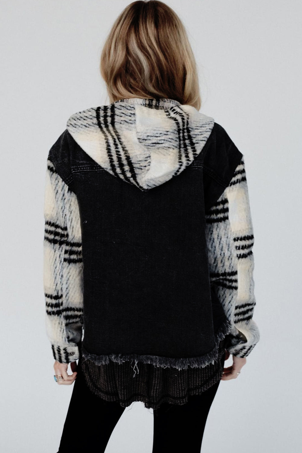 Black Plaid Sleeve Frayed Hem Hooded Denim Jacket Denim Jackets JT's Designer Fashion