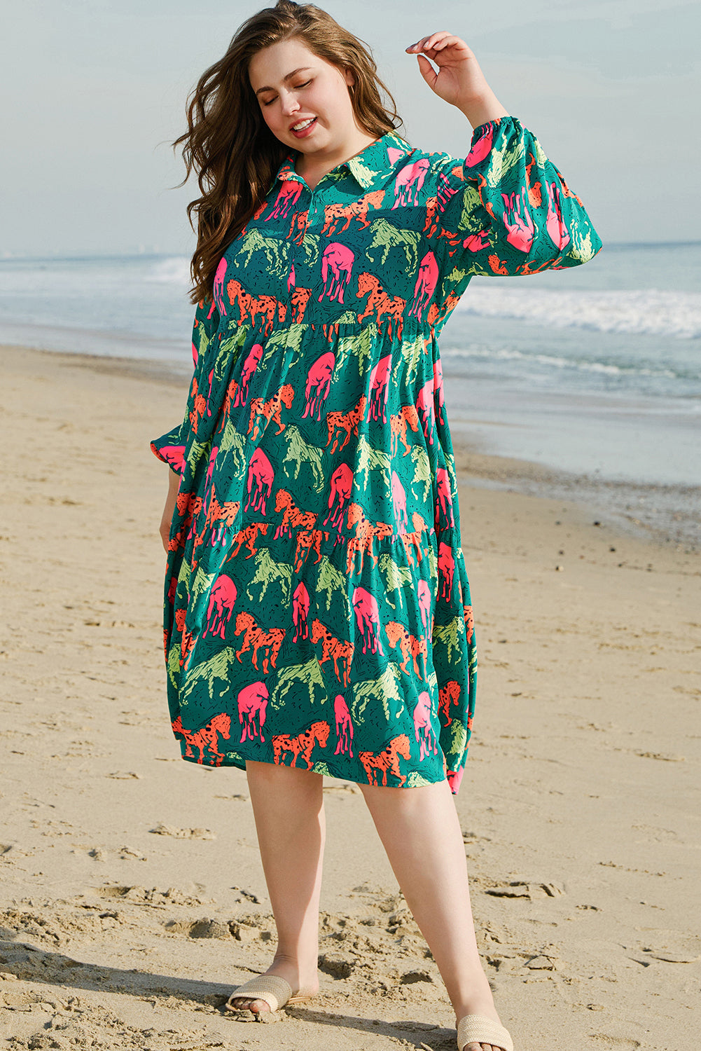 Green Horse Printed Long Sleeve Collared Buttoned Plus Size Midi Dress Plus Size Midi Dresses JT's Designer Fashion