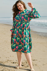 Green Horse Printed Long Sleeve Collared Buttoned Plus Size Midi Dress Plus Size Midi Dresses JT's Designer Fashion