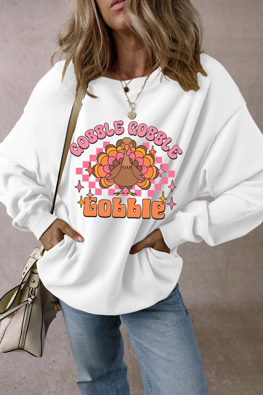 White Gobble Gobble Turkey Graphic Crewneck Thanksgiving Sweatshirt Graphic Sweatshirts JT's Designer Fashion