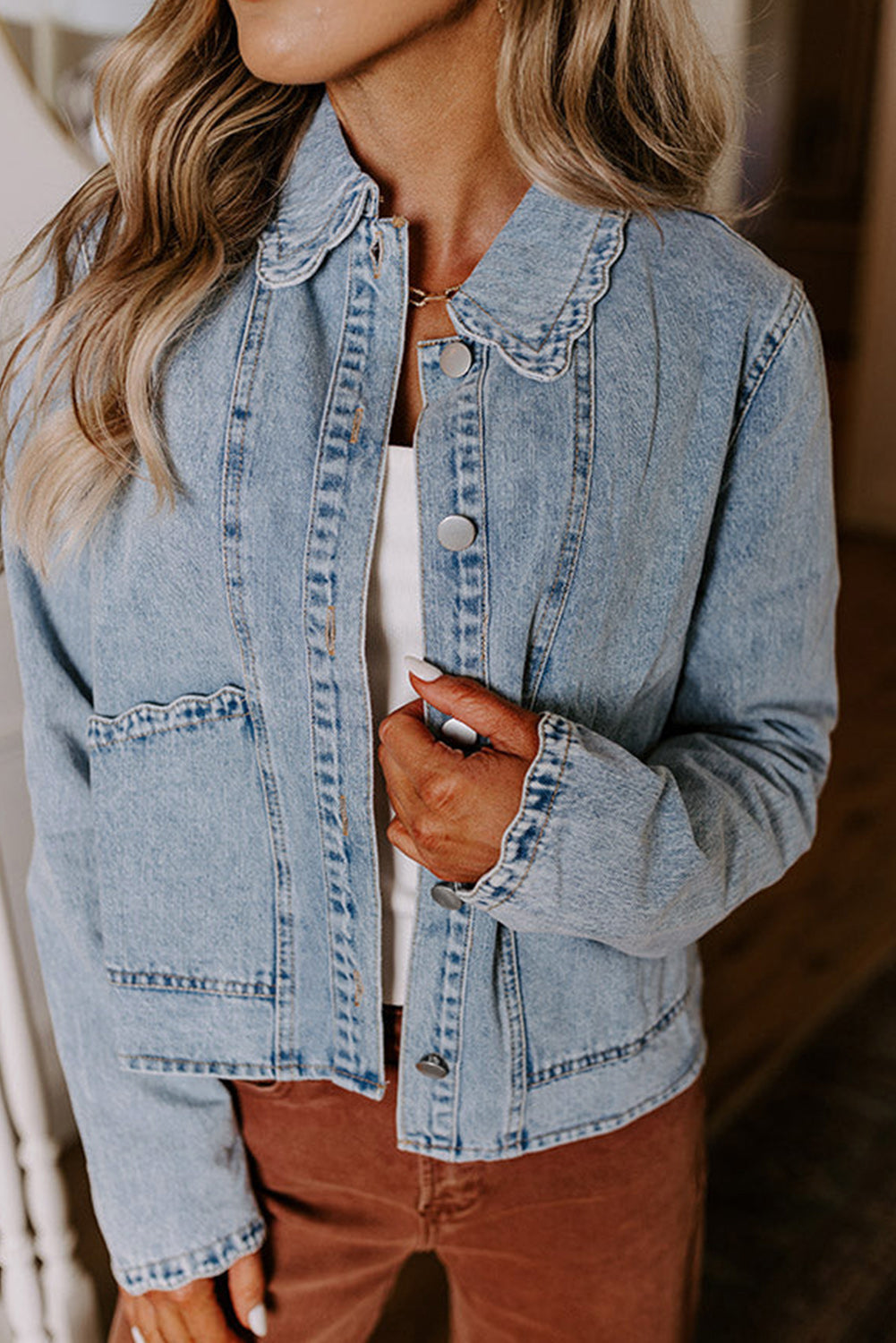 Myosotis Scallop Trim Collar Patched Pocket Button Up Denim Jacket Denim Jackets JT's Designer Fashion