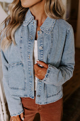 Myosotis Scallop Trim Collar Patched Pocket Button Up Denim Jacket Denim Jackets JT's Designer Fashion