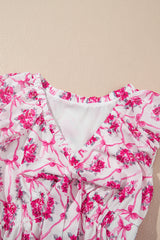 Multicolour Bow Lattice Floral Print V Neck Knot Decor Mini Dress Floral Dresses JT's Designer Fashion