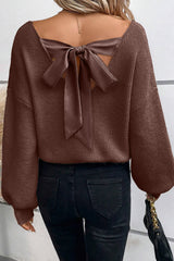 Coffee Lantern Sleeve V Neck Knot Back Sweater Sweaters JT's Designer Fashion