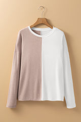 Khaki Colorblock Long Sleeve Crew Neck Top Long Sleeve Tops JT's Designer Fashion