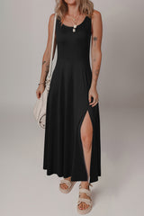 Black Sleeveless Scoop Neck Flared Split Midi Dress Midi Dresses JT's Designer Fashion