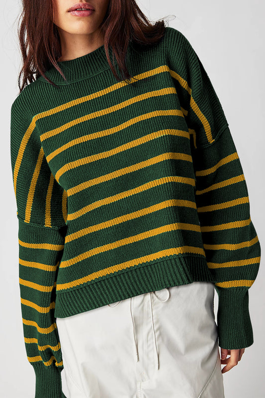 Green Stripe Ribbed Drop Shoulder Baggy Sweater Green Stripe 50%Viscose+28%Polyester+22%Polyamide Sweaters JT's Designer Fashion