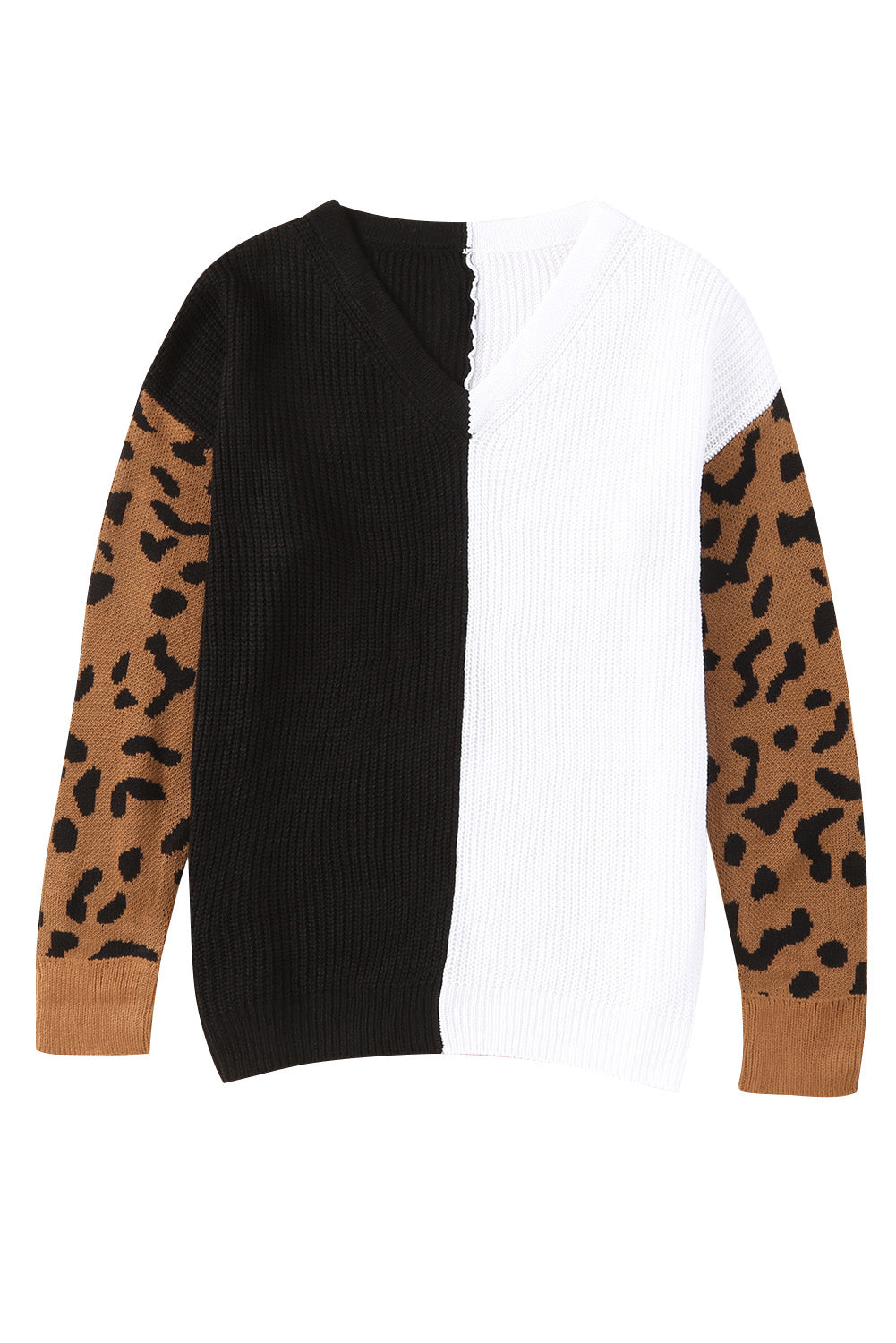 Leopard Print Contrast Color V Neck Sweater Sweaters & Cardigans JT's Designer Fashion