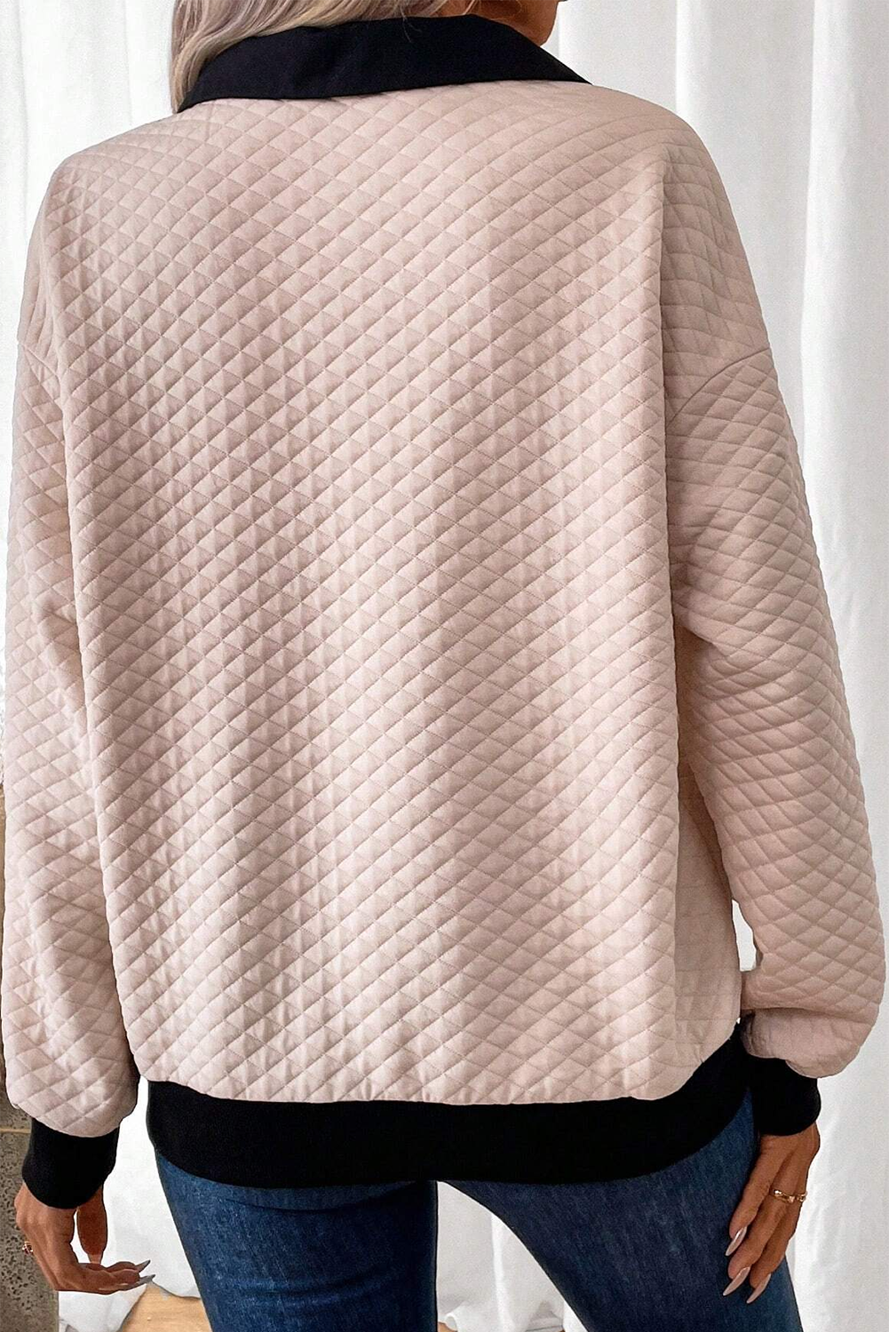 Oatmeal Textured Colorblock Edge Buttoned Collar Sweatshirt Sweatshirts & Hoodies JT's Designer Fashion