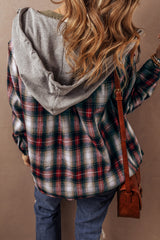 Red Plaid Print Chest Pocket Buttoned Hooded Shacket Plaid Shackets JT's Designer Fashion