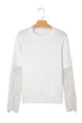 Beige Lace Sleeve Patchwork Faux Two-piece Fuzzy Sweater Sweaters JT's Designer Fashion