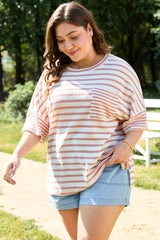 Pink Stripe Waffle Knit Pocketed Half Sleeve Plus Size T Shirt Plus Size Tops & Tees JT's Designer Fashion