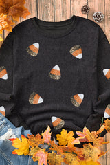 Black Sequin Candy Corn Patched Corded Halloween Sweatshirt Graphic Sweatshirts JT's Designer Fashion