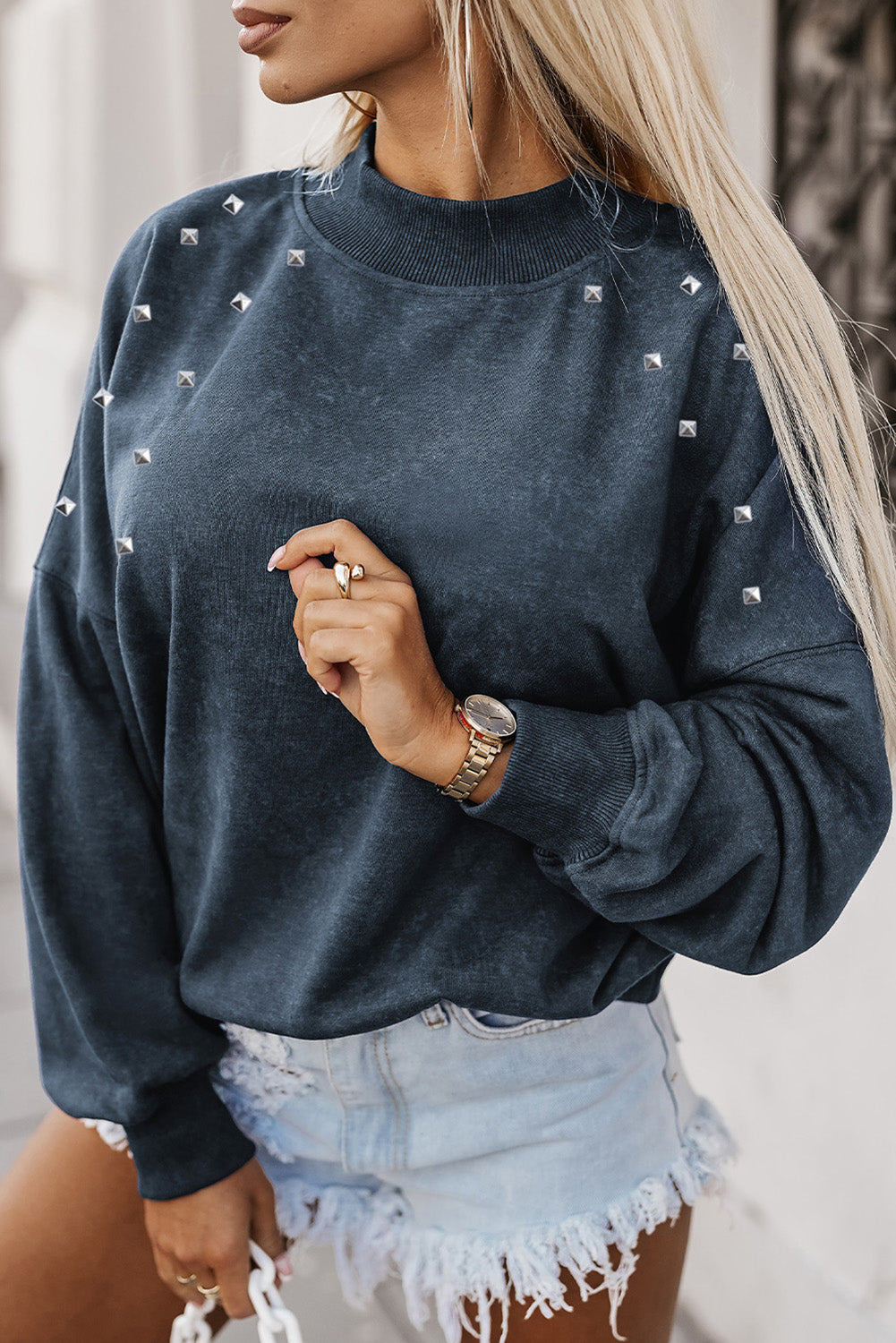 Sky Blue Beads Stud Drop Shoulder Loose Sweatshirt Graphic Sweatshirts JT's Designer Fashion