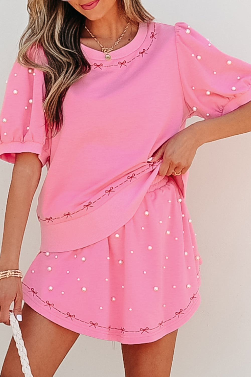 Pink Contrast Bow Trim Pearl Puff Sleeve Blouse and Skort 2pcs Set Short Sets JT's Designer Fashion