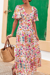 Red Floral Short Sleeve V Neck High Waist Maxi Dress Floral Dresses JT's Designer Fashion