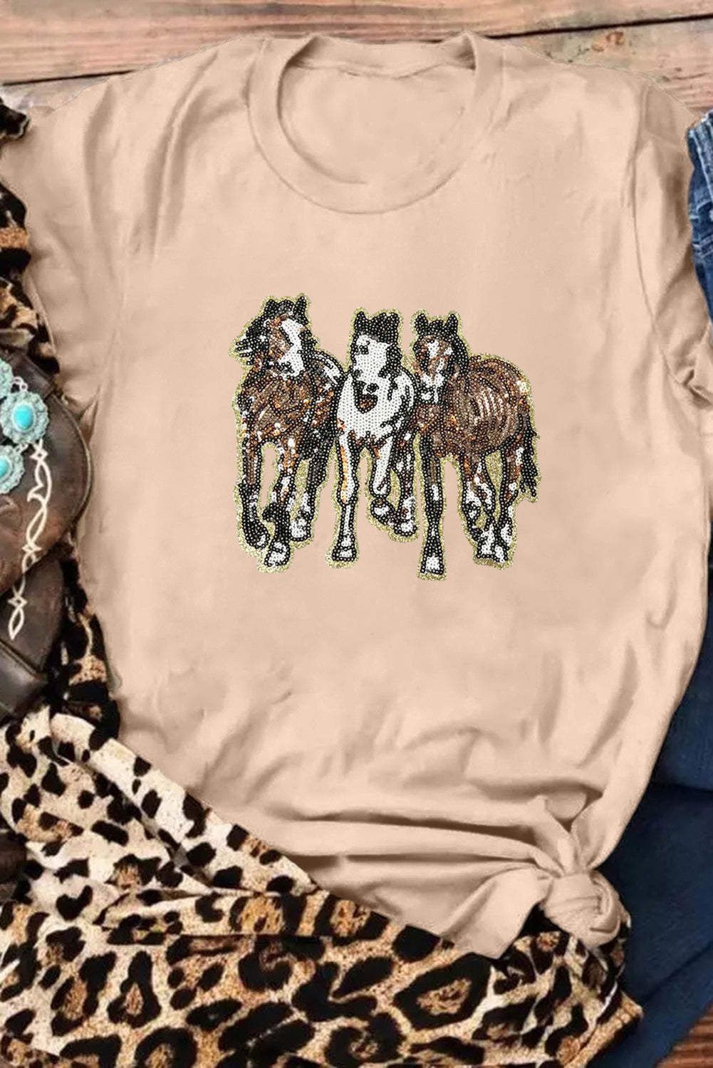 Khaki Sequin Horses Patched Casual Crewneck T Shirt Graphic Tees JT's Designer Fashion