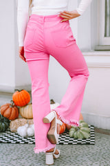 Pink Vintage High Waist Flare Leg Ripped Raw Hem Jeans Jeans JT's Designer Fashion