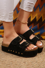 Black Suede Buckle Decor Footbed Sandal Slippers Slippers JT's Designer Fashion
