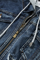 Dark Blue Fake Two-Piece Hooded Zip-Up Denim Jacket Denim Jackets JT's Designer Fashion