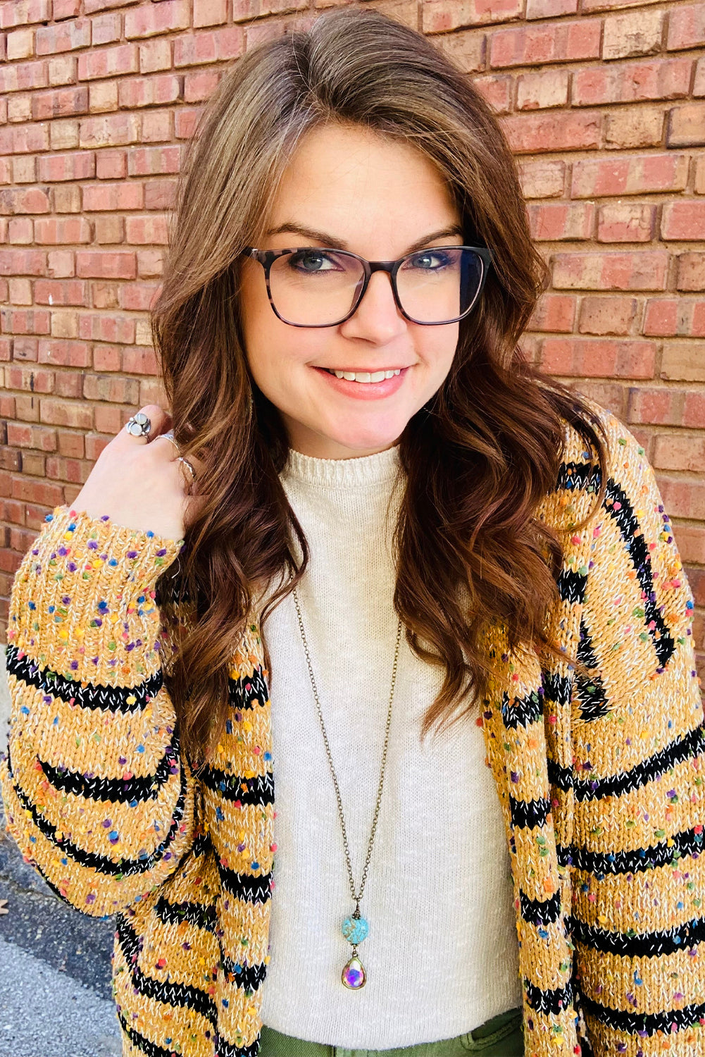 Beige Striped Pom Pom Knit Open Front Long Cardigan Cardigans JT's Designer Fashion