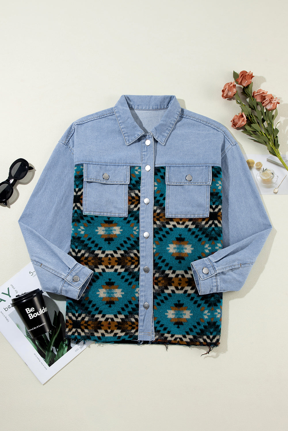 Blue Aztec Printed Denim Jacket Denim Jackets JT's Designer Fashion