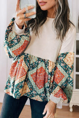 Jet Stream Paisley Geometric Patchwork Crew Neck Loose Fit Top Long Sleeve Tops JT's Designer Fashion