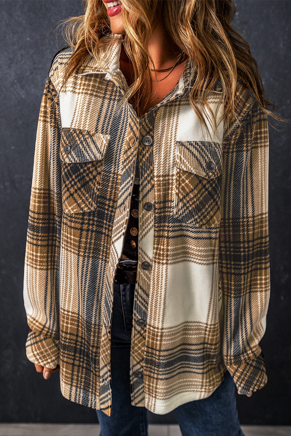 Multicolour Plaid Print Flap Pocket Button Up Shacket Plaid Shackets JT's Designer Fashion