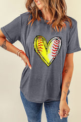 Gray Baseball Heart Shape Print Crew Neck T Shirt Graphic Tees JT's Designer Fashion