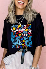 Black USA Flag Flower Graphic Drop Shoulder T Shirt Graphic Tees JT's Designer Fashion