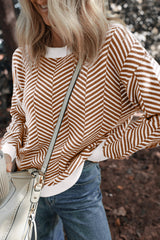 Coffee Contrast Edge Crew Neck Drop Shoulder Sweater Sweaters JT's Designer Fashion