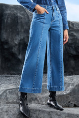 Dark Blue Plain Seam Detail Flared Bottom Ankle Length Jeans Jeans JT's Designer Fashion