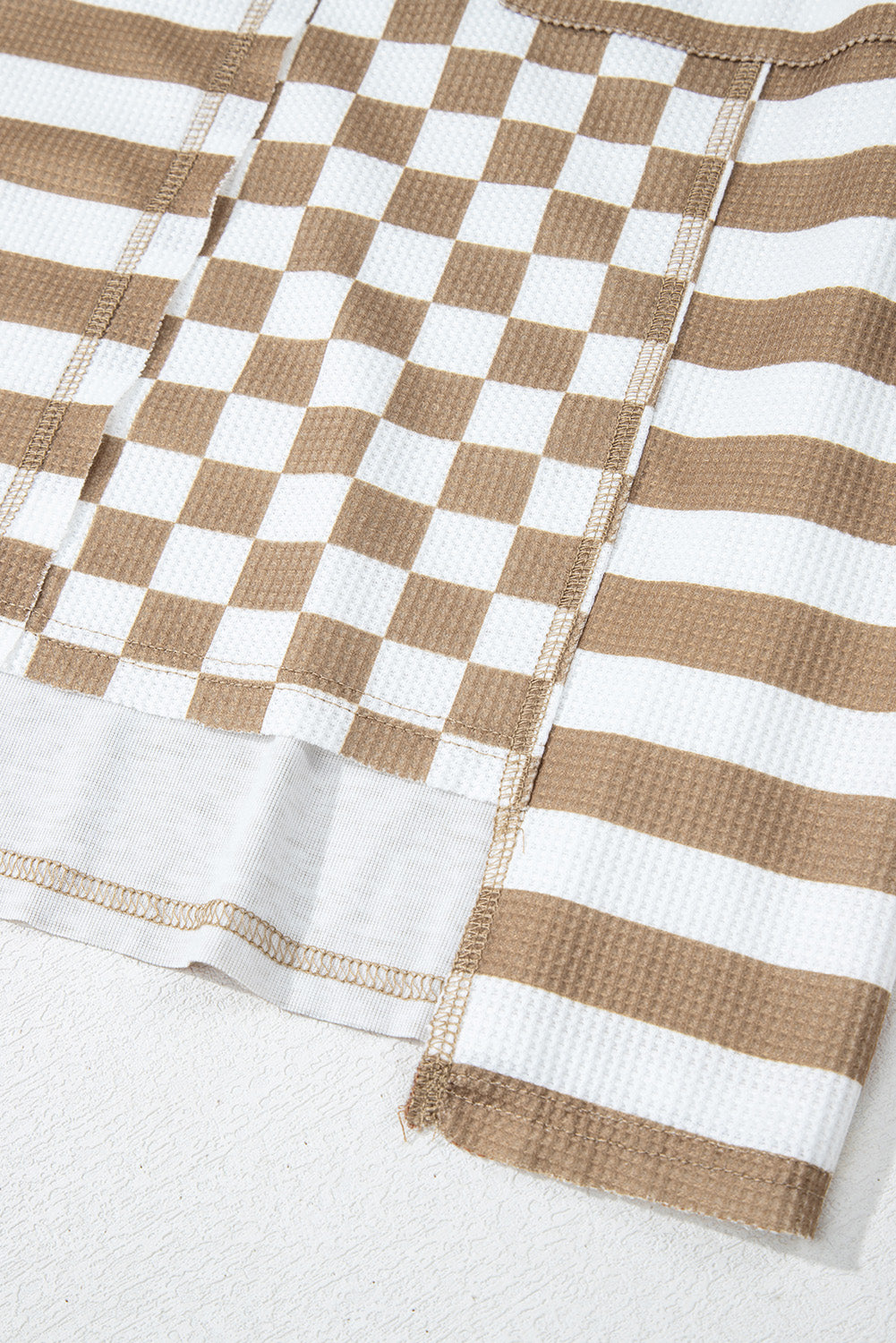 Khaki Checkerboard Striped Patchwork Lantern Sleeve Pocketed Blouse Long Sleeve Tops JT's Designer Fashion