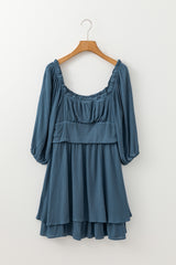 Real Teal Frilled Neckline 3/4 Sleeve Layered Ruched Mini Dress Mini Dresses JT's Designer Fashion