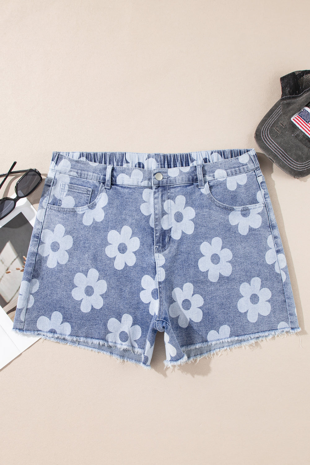 Ashleigh Blue Floral Pattern High Waist Raw Hem Plus Size Denim Shorts Plus Size Bottoms JT's Designer Fashion