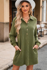 Moss Green Corded Buttons Placket Drop Shoulder Collared Shift Dress Mini Dresses JT's Designer Fashion